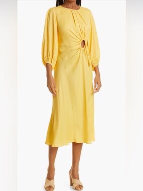 FARM Rio Sunny Yellow Midi Dress with Front Cutout and Tie Detail